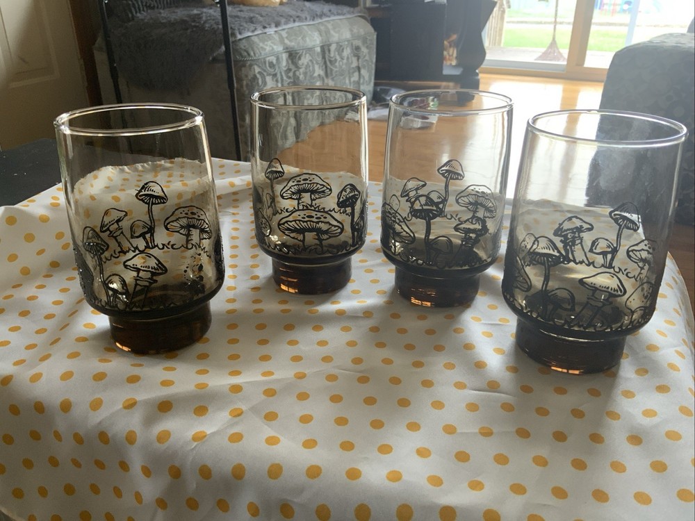 4 VTG Libbey Smoke Mushroom Pyro Bar Kitchen Drinking Glasses MCM Drink Ware EUC