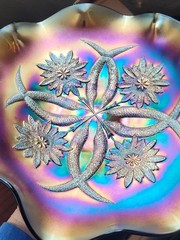 Pretty Dugan Purple Carnival Glass Four Flowers Two Sides Up Banana Bowl