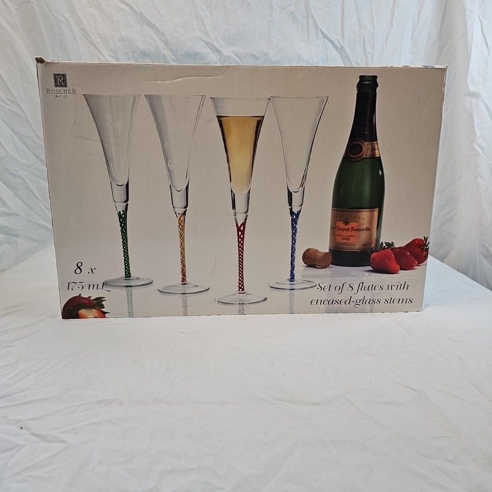 Roscher & Co Hand Blown Champagne Flutes Wine Glass 4 color set of 8 in box VTG