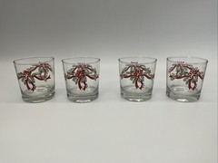 4 Tienshan Christmas Poinsettia/ Ribbon Lowball Glasses 3 1/4” T