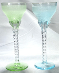 Pretty Blue And Green Twisted Stems Cordial Glasses 6 1/4″ Tall