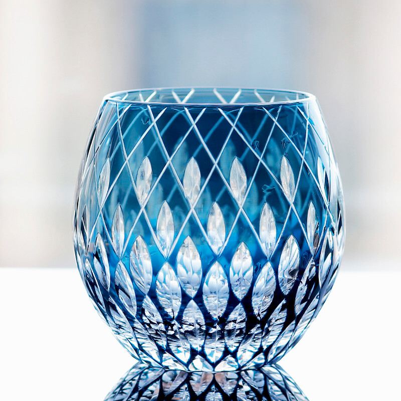Dark Blue Raindrops Hand Cut To Clear Glass Whiskey Crystal Glass 11oz Gift Pack