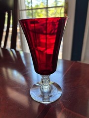 VINTAGE PAIR OF RUBY RED AND CLEAR STEMMED FOOTED JUICE GLASSES 5″ HIGH