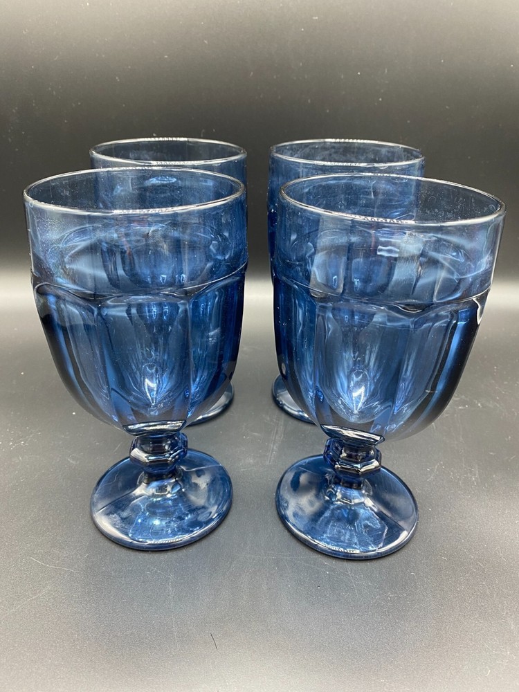 Set of 4 Libbey DuraTuff Gibraltar Dusky Blue Iced Tea Glass Goblets 7″ Vintage