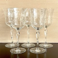 Vintage 1950s Etched Cut Crystal Wine Glasses Floral Lattice Handblown Set of 5