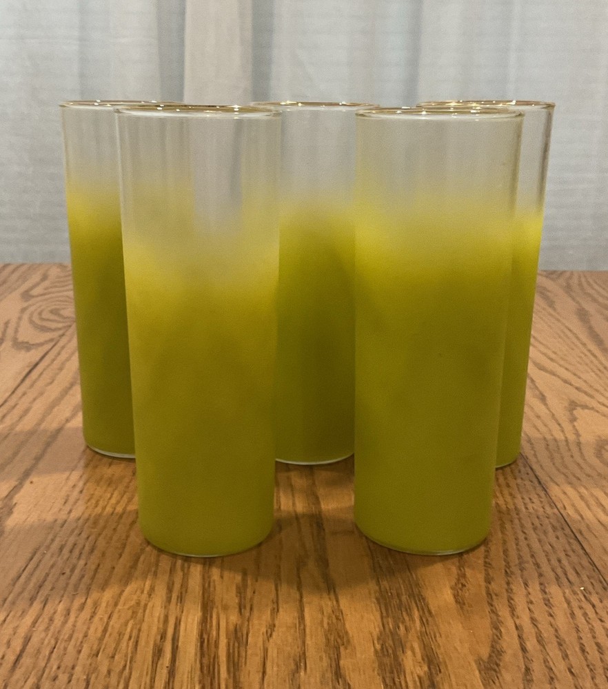 Blendo Sunshine Green Highball Glasses Set of 5 – Frosted Gold Rim Mid-Century