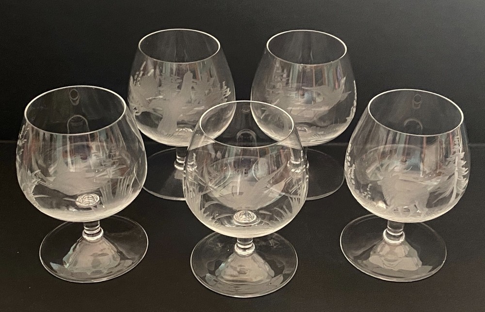 Vintage Crystal Brandy Snifter Glass Etched Game Bird Deer Hunting Set of 5