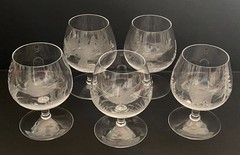 Vintage Crystal Brandy Snifter Glass Etched Game Bird Deer Hunting Set of 5