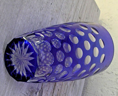 VTG COBALT BLUE Cut to Clear Bohemian Czech 6.5″ Tumbler drink Glass bubble dot