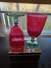 2 Stunning Water Goblets-Luminous Pink Spiral Glass-Iridescent Murano Style Stem