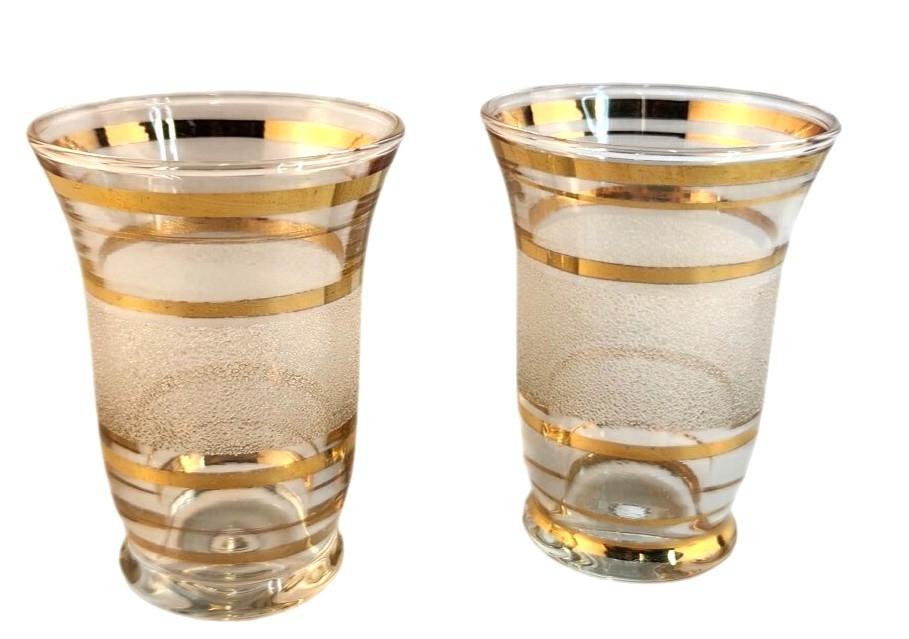 Mid-Century Modern Set Of 2 Frosted Glasses With Gold Stripes 3.25″ Tall x 2.25″