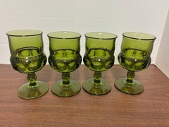 4 Vintage Green Indiana Glass Kings Crown Thumbprint Goblets Wine Sherry Glasses