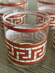 Vintage Mid-Century Barware Set | Red, White & Gold Greek Key Pattern – Set of 8