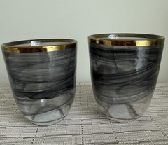 Godinger Alabaster Glass Double Old Fashioned Black/Gold Smoke Swirly Tumblers 2