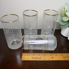 Vintage Libbey Greek Key Frosted Highball Glasses Gold Rim MCM Set of 4