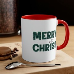 Two-tone Accent Ceramic Mug 11oz – Merry with Christ – Green Plaid Christmas Hol