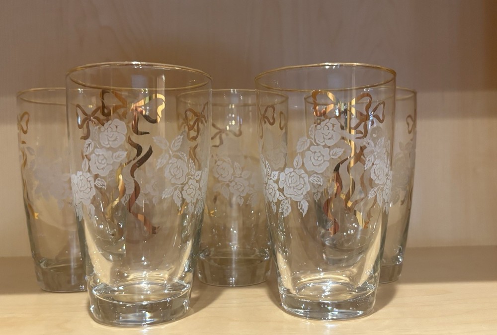 libbey White Roses And Gold Ribbon Design glasses