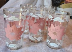 Vintage Pink & White Hibiscus Glass Tumblers Set Of 5 5-Inch Tall Floral Design