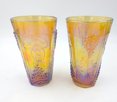 2 Vtg Indiana Carnival Glass Tumblers Iridescent Marigold Amber Harvest Grape