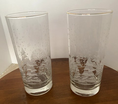 2 RARE Lynns China Vintage Libbey Frosted Pines 14oz Drinking Glasses MINT