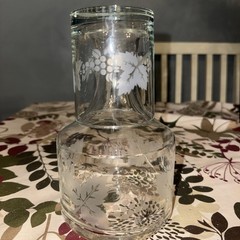 Vintage Tumble Up Etched Glass Bedside Water Carafe With Tumbler Leaf design