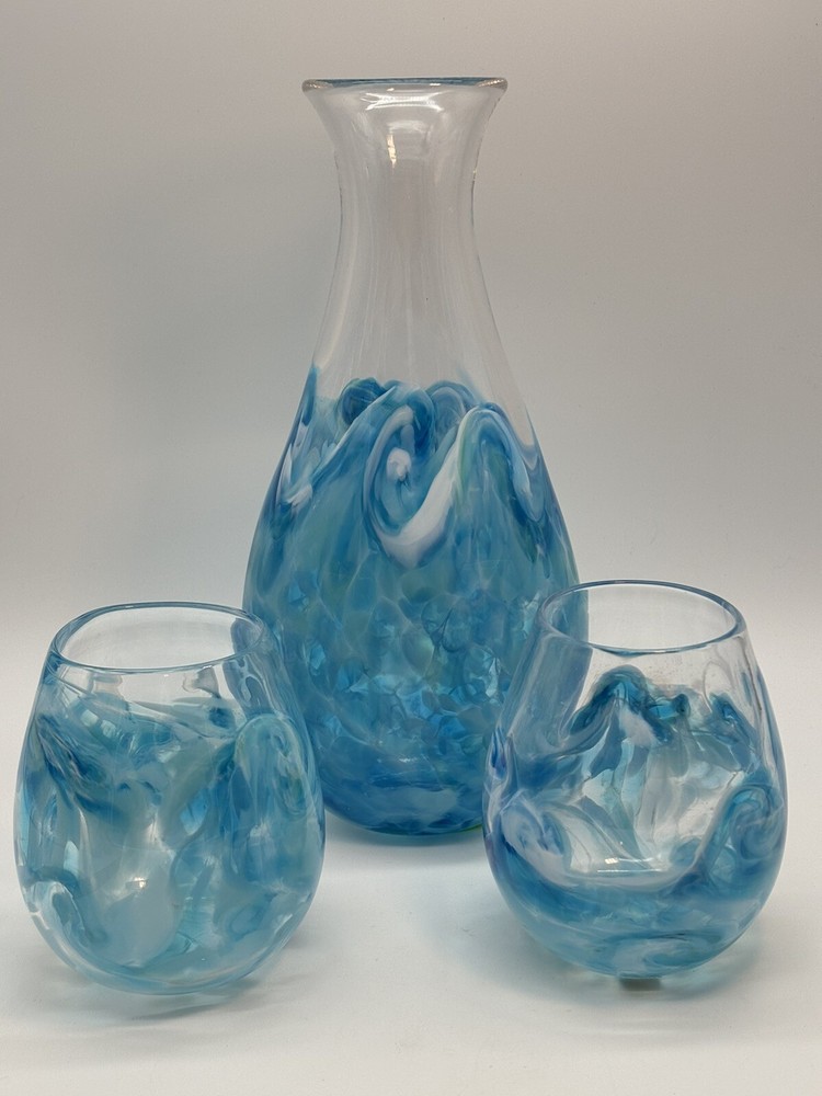 Art Glass Carafe And Wine Glass Set Signed Kyle Gribskov Blue Ocean Waves 2014