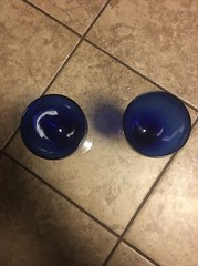 Two Stunning Cobalt Blue 9 oz Wine Glasses with Clear Stem, 8 1/4” Tall, Vintage