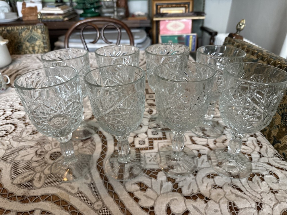 Vtg Libbey Hobstar Water Goblet Glass Clear Glass Stem Wine Glasses, Set Of 8