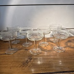 Vintage Hand Cut Criss Cross Etched Champagne Coupes- Set of 7