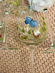 VTG Lenox Butterfly Meadow Hand Painted Crystal Wine Glasses Goblet Set of 7