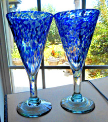 Blue Spatter Trumpet Wine Glasses Champagne Conical Flute Blown Glass SET 2