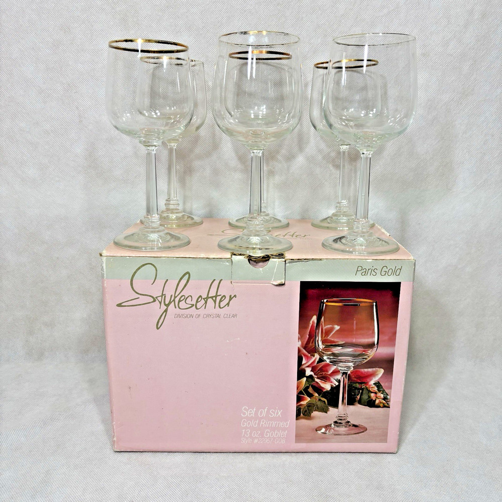 Vintage Stylesetter Set of 6 Clear Glass Paris Gold Rimmed Goblets Crystal Clear