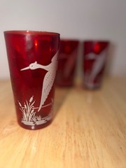 Set of 3 Vintage Anchor Hocking Royal Ruby Glass Tumblers w Etched Flying Crane