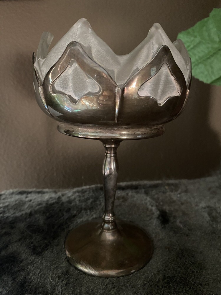 Vtg Westmoreland Frosted Glass Chrome Art Deco MCM Lotus Compote Krome-Kraft