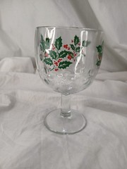 Vintage Christmas Holly Stemmed Goblet Clear Glass Holiday Barware Unmarked