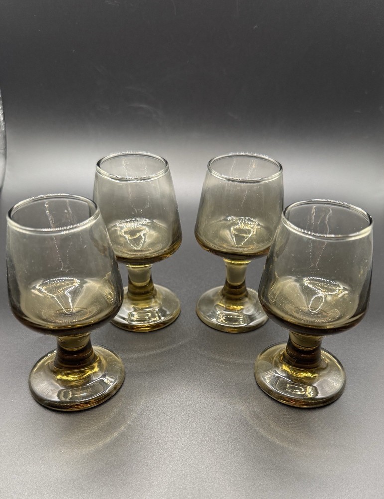 4pc MCM Libbey Tawny Brown Stemmed Shot Cordial Liquor Glasses 2oz 1970’s USA