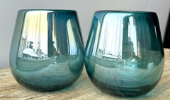 Handblown Stemless Wine Glass Pair 4″/10cm Tall Blue Teal Aquamarine