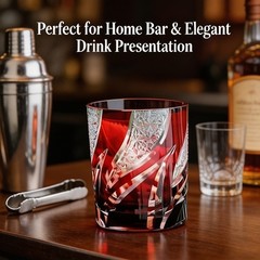Edo Kiriko Style Red Cut Crystal Whiskey Glass Hand Carved Old Fashioned Tumbler