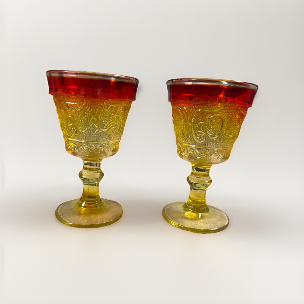 Pair Antique Victorian Amberina Pressed Glass Goblets Wine Glasses c1890s
