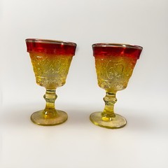 Pair Antique Victorian Amberina Pressed Glass Goblets Wine Glasses c1890s