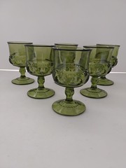 6 Vintage Indiana Glass Kings Crown Thumbprint Juice Glasses Avocado Green 1970s