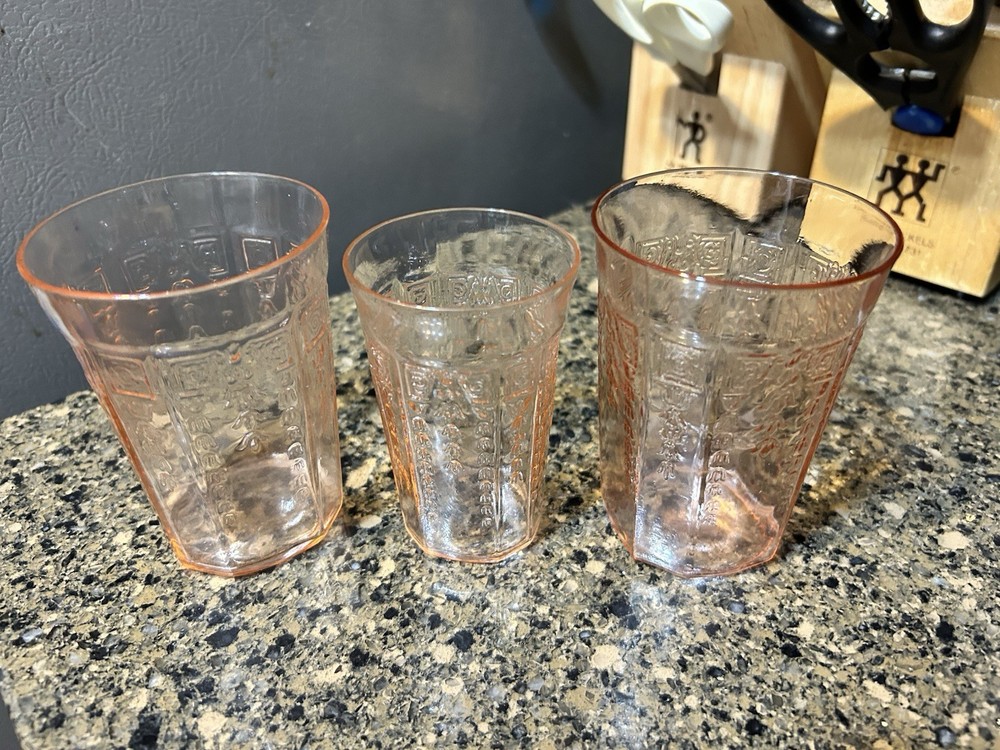 Pink Hocking Glass Princess Flat 2 Water and 1 Juice Tumblers