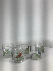 5~Vtg West Virginia Glass Co Songbirds Small Rocks Glasses Gold Trim