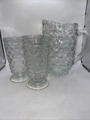 3 Indiana Whitehall Colony cubist Iced Tea Glasses + 50oz Pitcher Vtg In Box