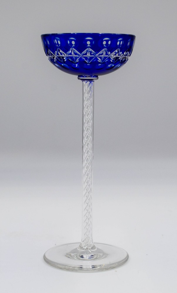 French Blue Cobalt Cut to Clear Air Twist Cordial, Circa 1890