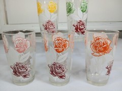 5 Retro Vintage 1950s Libbey Rose Glasses MCM Yellow Pink Red Orange Lot Of 5