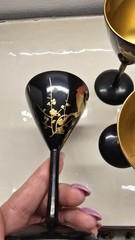 4 pcs Vintage Wooden Black Lacquer Cordial Glasses With Rooster Hand Painted