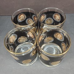 Libby 1960s Barware 22k Gold Cera Coin Lowball Glasses Set of 4 Hennessy Whiskey