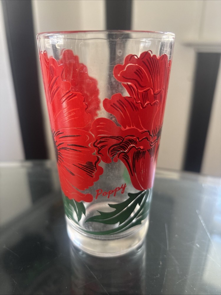 50s 60s MCM Boscul Peanut Butter Flower Drinking Glass 5″ POPPY Small Script