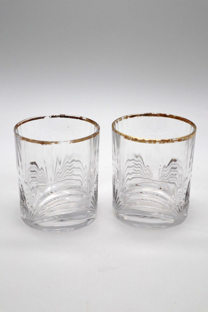 2 Royal Crystal Rock Aurea Gold Trim Old Fashioned Glasses Lowball Tumblers Deco